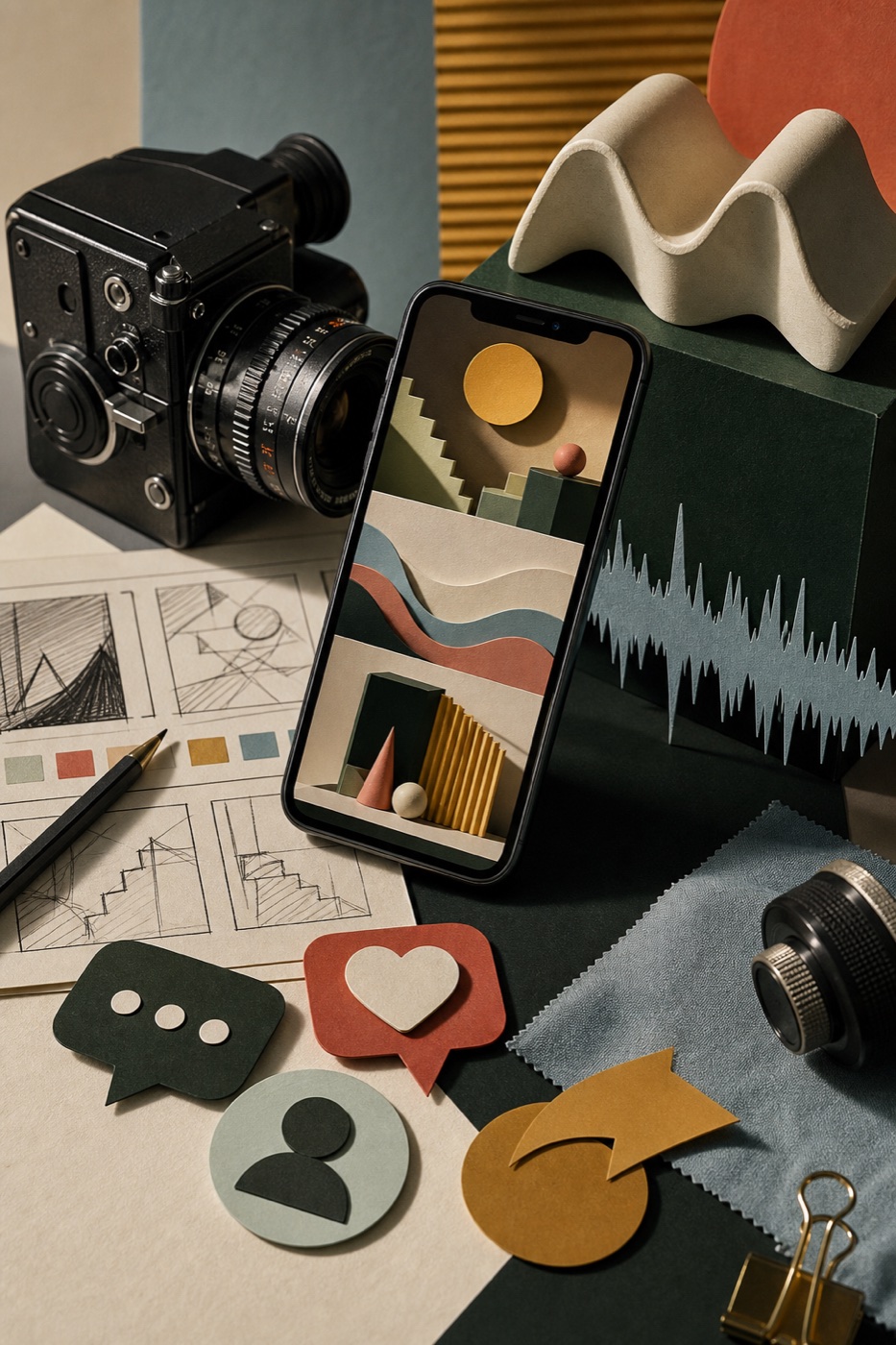 Editorial social content production set with a camera, phone and campaign materials